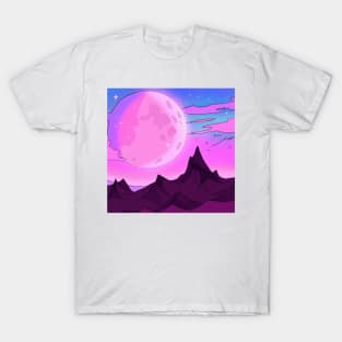 Mesmerizing Pink and Purple Moon Over Majestic Mountain Range T-Shirt